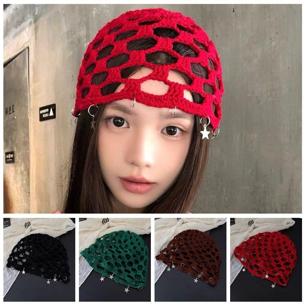 Breathable Knit Knitted Beanie Cap Hollow Design Bohemian Head Wrap  Casual Wear