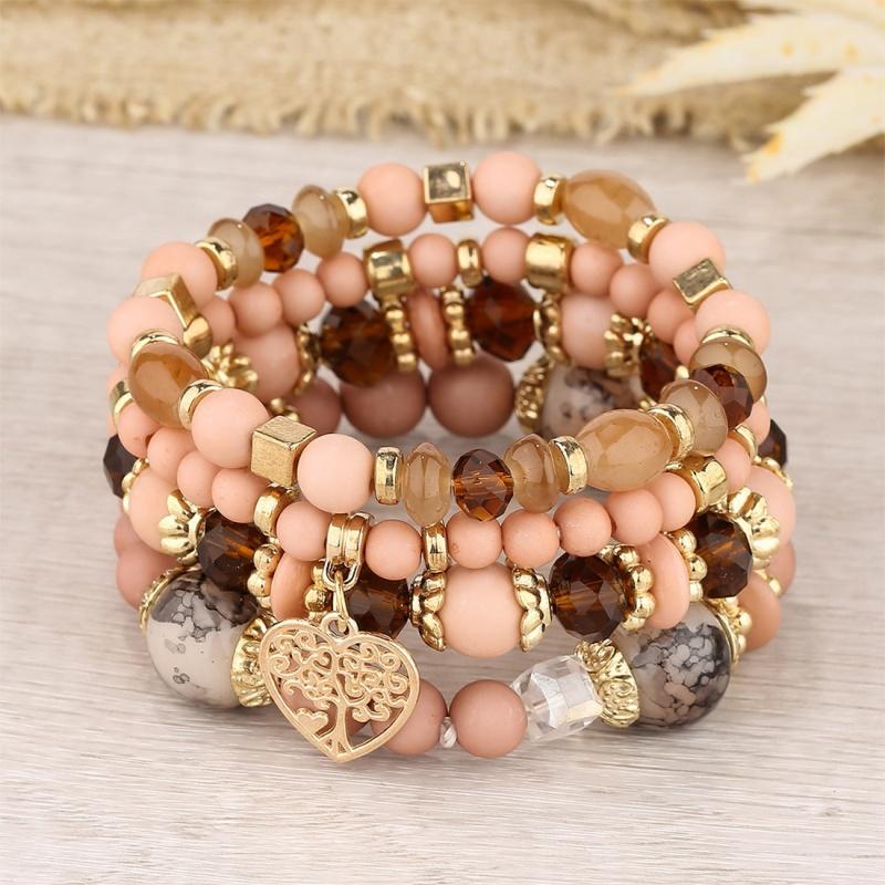 Fashion Summer  Acrylic Beads Chain  New Bracelet Set For Women Tree Of Life Charm Elastic Bangle Female Bohemian Zircon