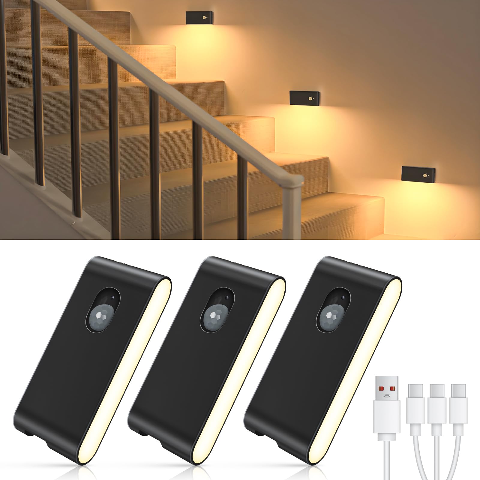 

WILLED Motion Sensor Indoor Warm USB No Wiring LED Night Light Automatic for and Entrances of Light, White, Rechargeable, Required, Light, Sensor, чорний