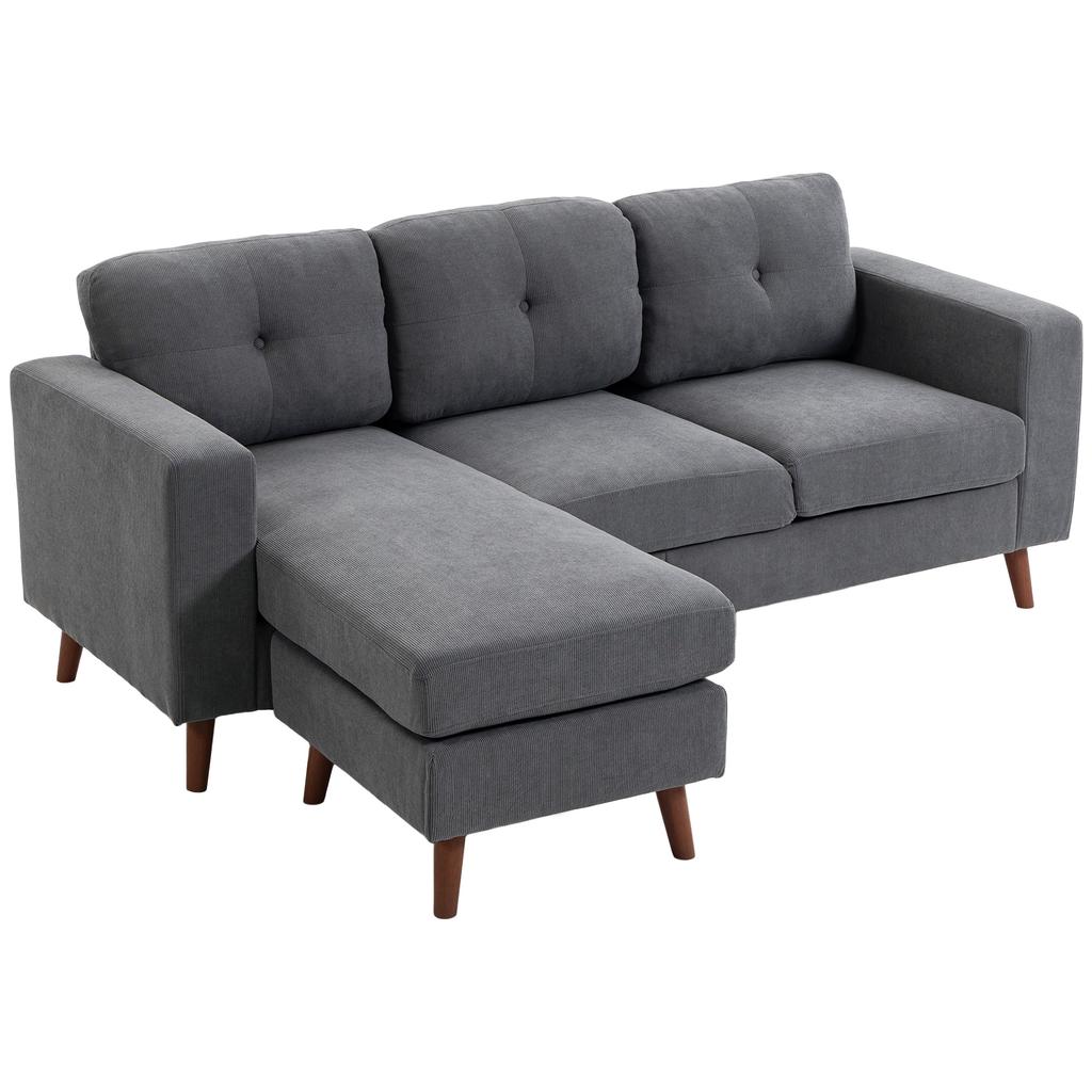 Corner Sofa 192 Cm L-Shaped 3-Seater Sofa with Reversible Chaise Longue, Corduroy Look, for Small Rooms, Dark Grey