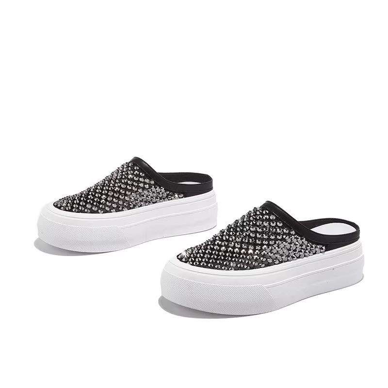 Fashion Rhinestone Woven Baotou Half Slippers Women's Outside Wear Summer New Round Toe Platform Fashion Sandals and Slippers