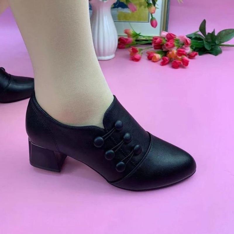 Women's low-top single shoes Women's spring and autumn high-heeled women's leather shoes Light mouth square heel mother shoes