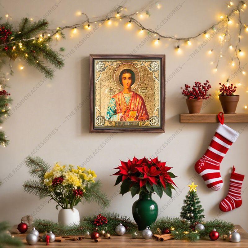 Dekoratiivne maalimine õigeusu ikoonidele, Pühitsetud ikoon "Püha Panteleimon Tervendaja", Fotoraami maalimine, Kristlik seinakunst, 20cm*20cm, Vaimulik kingitus