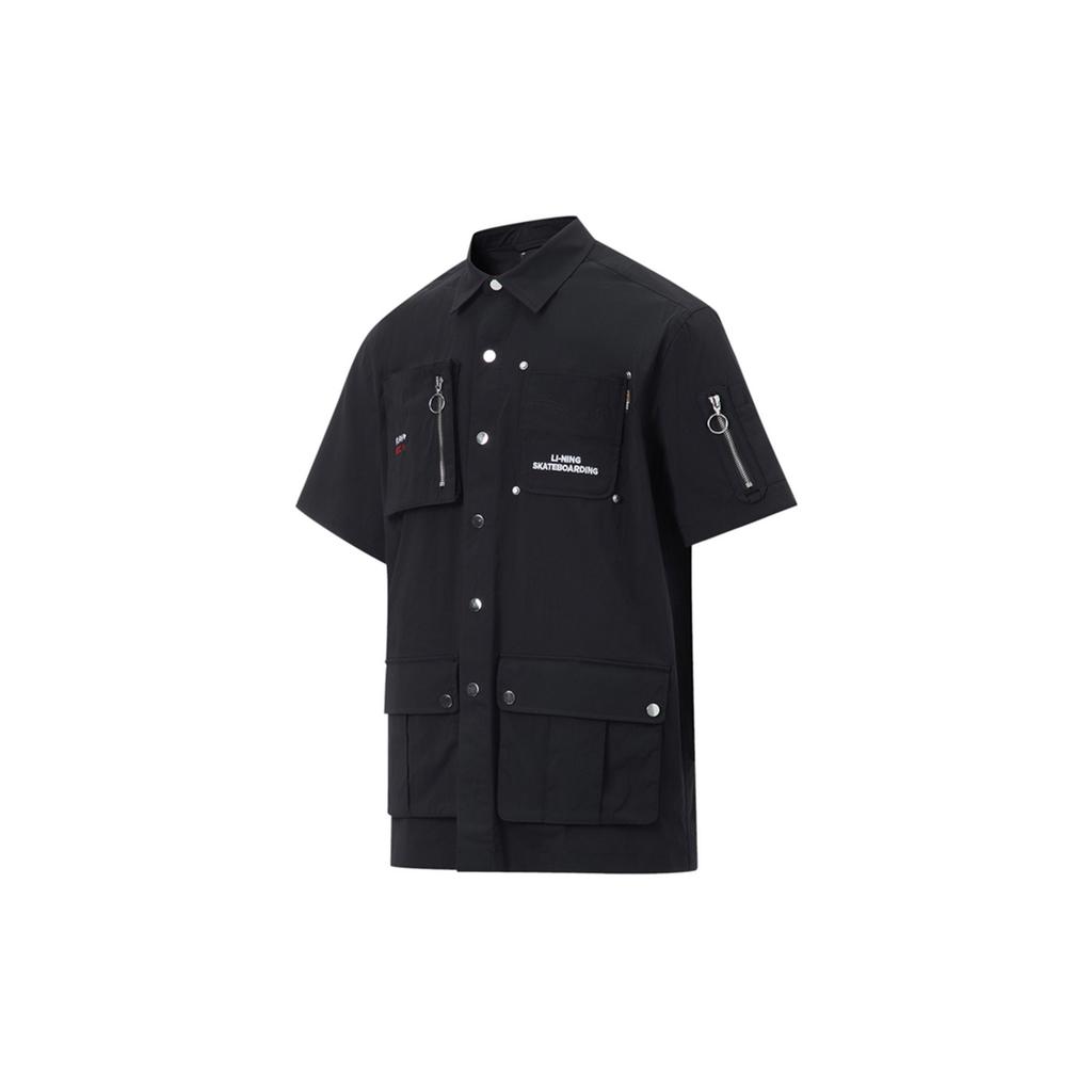 Li Ning Golden Era Letter Print Casual Single-Breasted Shirt Men Shirts Black AFDT157-1