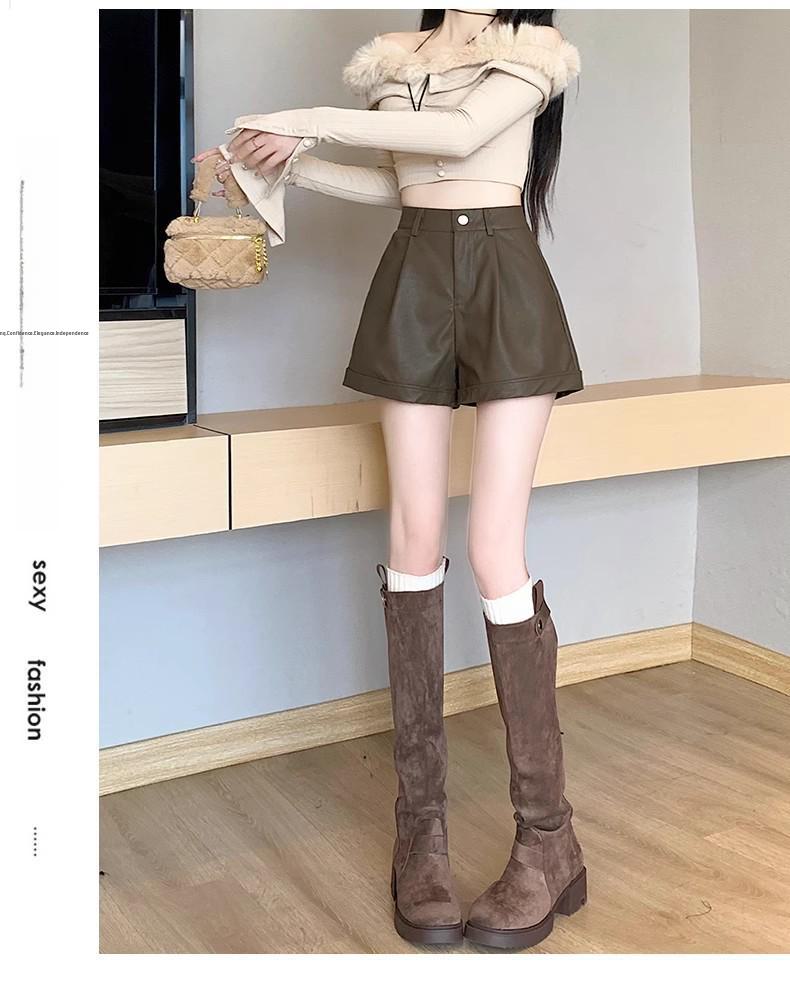 Women's High Waist PU Leather Shorts: Slim, Casual, Wide-Leg Design for Spring, Autumn, and Winter.