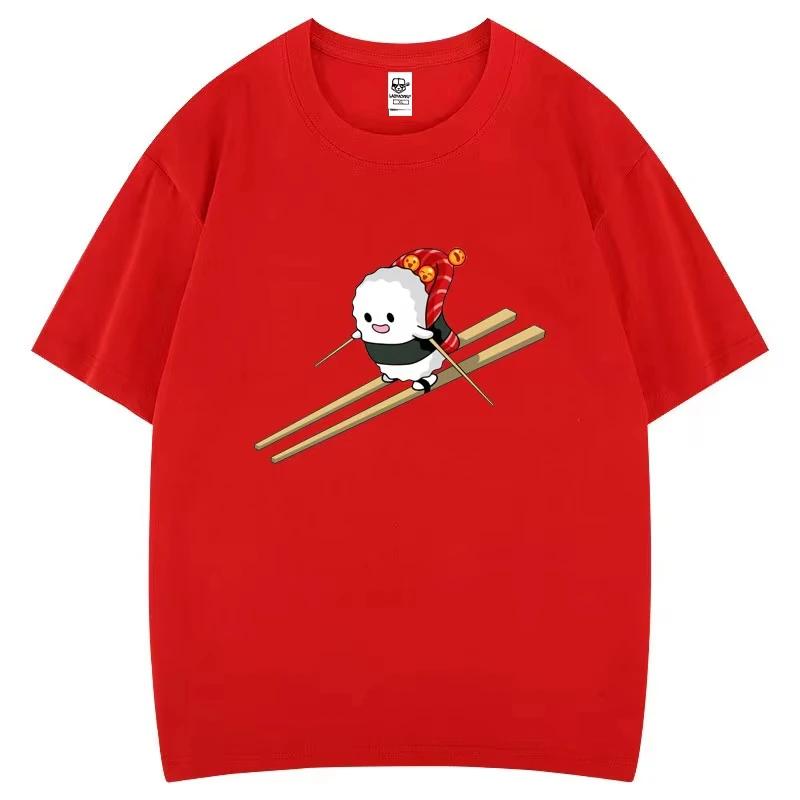 Funny Sushi Ski Cartoon Graphic T-shirt Creative Popular Fashion Aesthetics Print  Tops Gothic Hipster Casual Streetwear