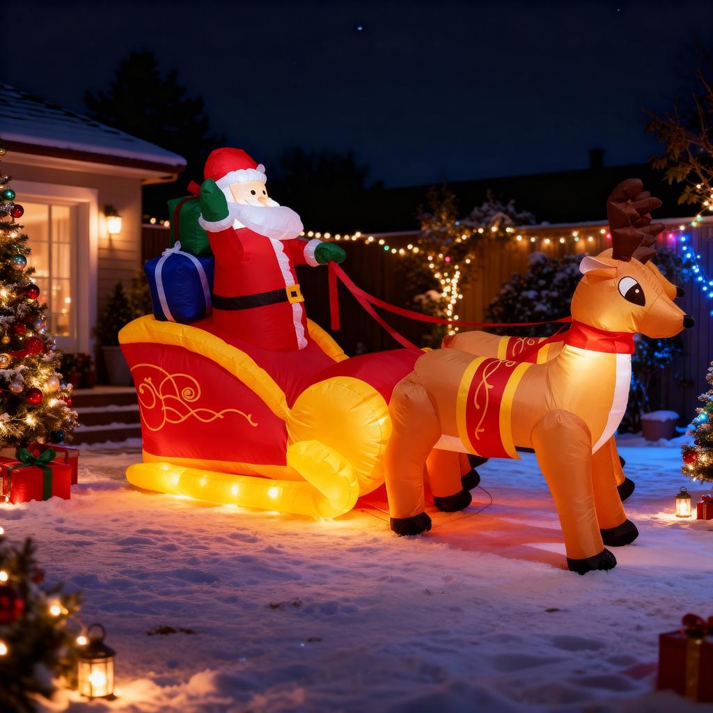 Weihnachts-Außenaufblasdeko Santa Schlitten mit Rentieren für Vorgarten Rasen Garten Feiertagsfest Atmosphäre Deko