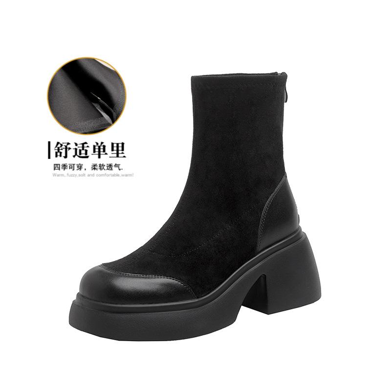 

женские короткие ботинки на толстой подошве 2025 осень и зима бархатные эластичные ботинки на толстой подошве универсальные ботинки Мартина толстый каблук тонкие ботинки 33