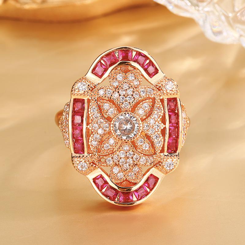 

Jewelry Copper Bottom Gold-Plated Simulation Red Corundum Rose Gold Ring Retro Style Micro-Inlaid Ring