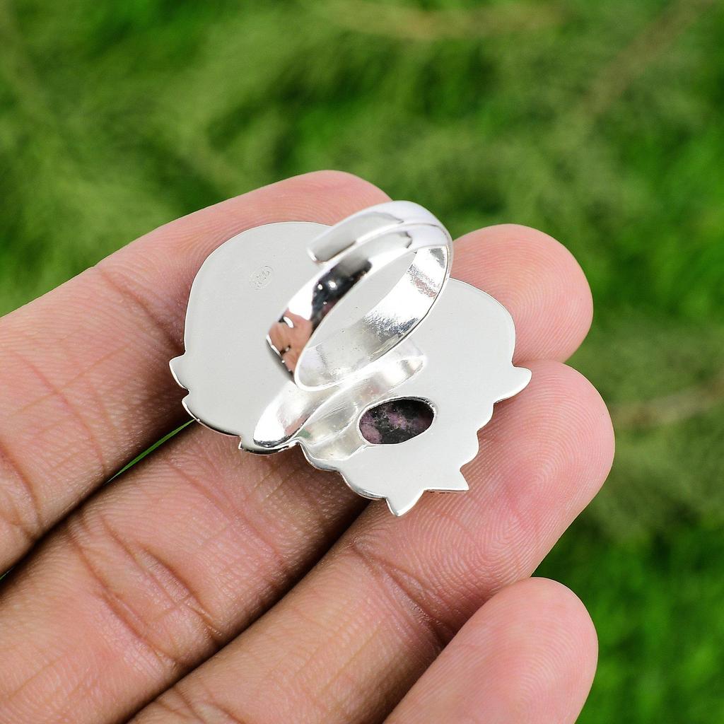 925 Sterling Silver Natural Rhodonite Birthday Wife Stackable Bezel Ring Jewelry