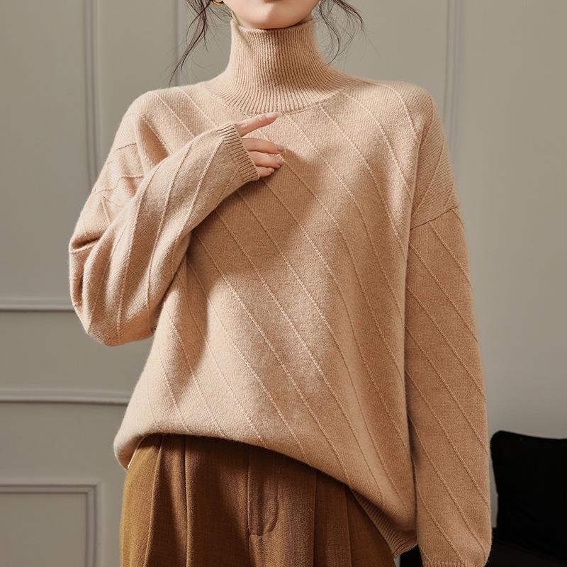 Women's High Neck Jacquard Wool Sweater - Thick, Loose Fit, Lazy Style
