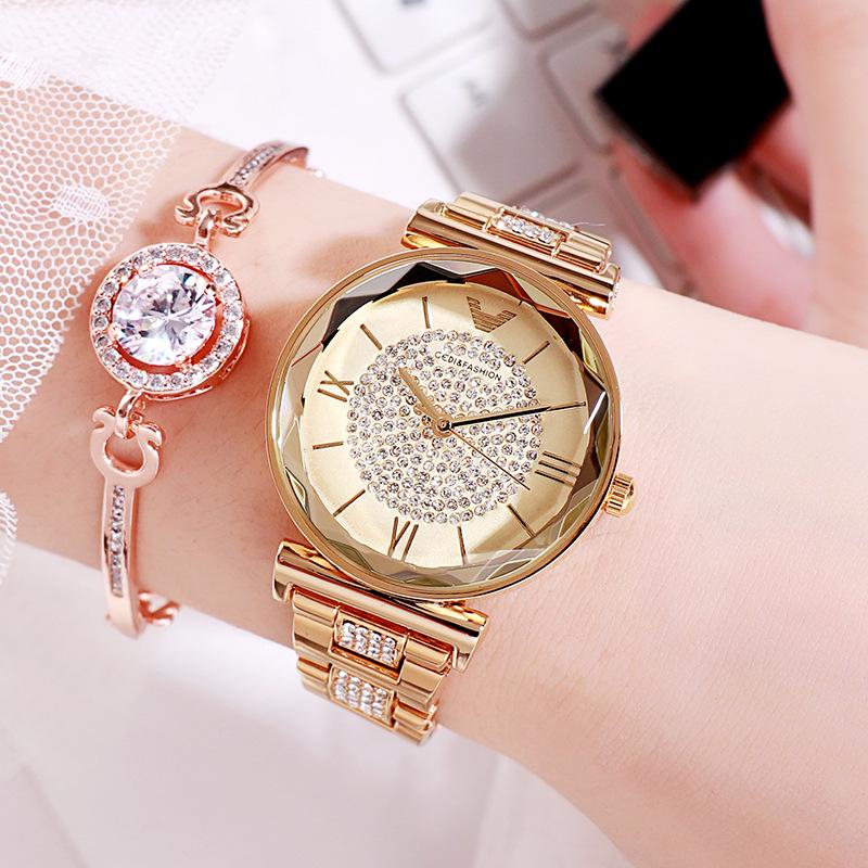 

Gedi Роскошные женские универсальные кварцевые часы - Полностью бриллиантовые, Водонепроницаемый стальной браслет, Стиль интернет-знаменитости.