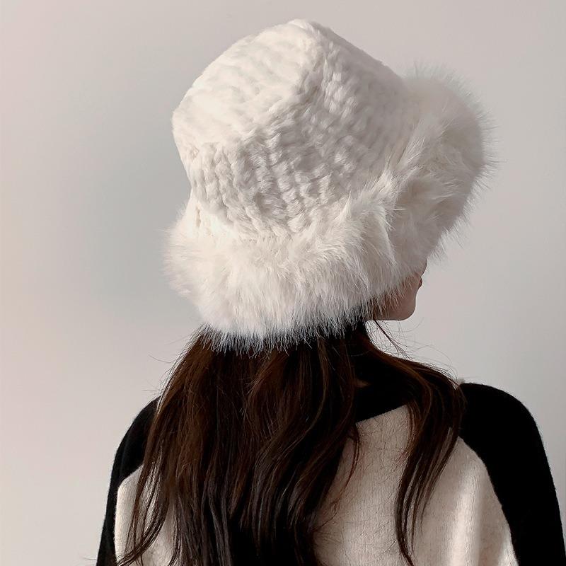 Imitation Fox Hair Plush Hat Female Winter Face Small Thickened Warm Bucket Hat Big Head Circumference Cold Basin Hat