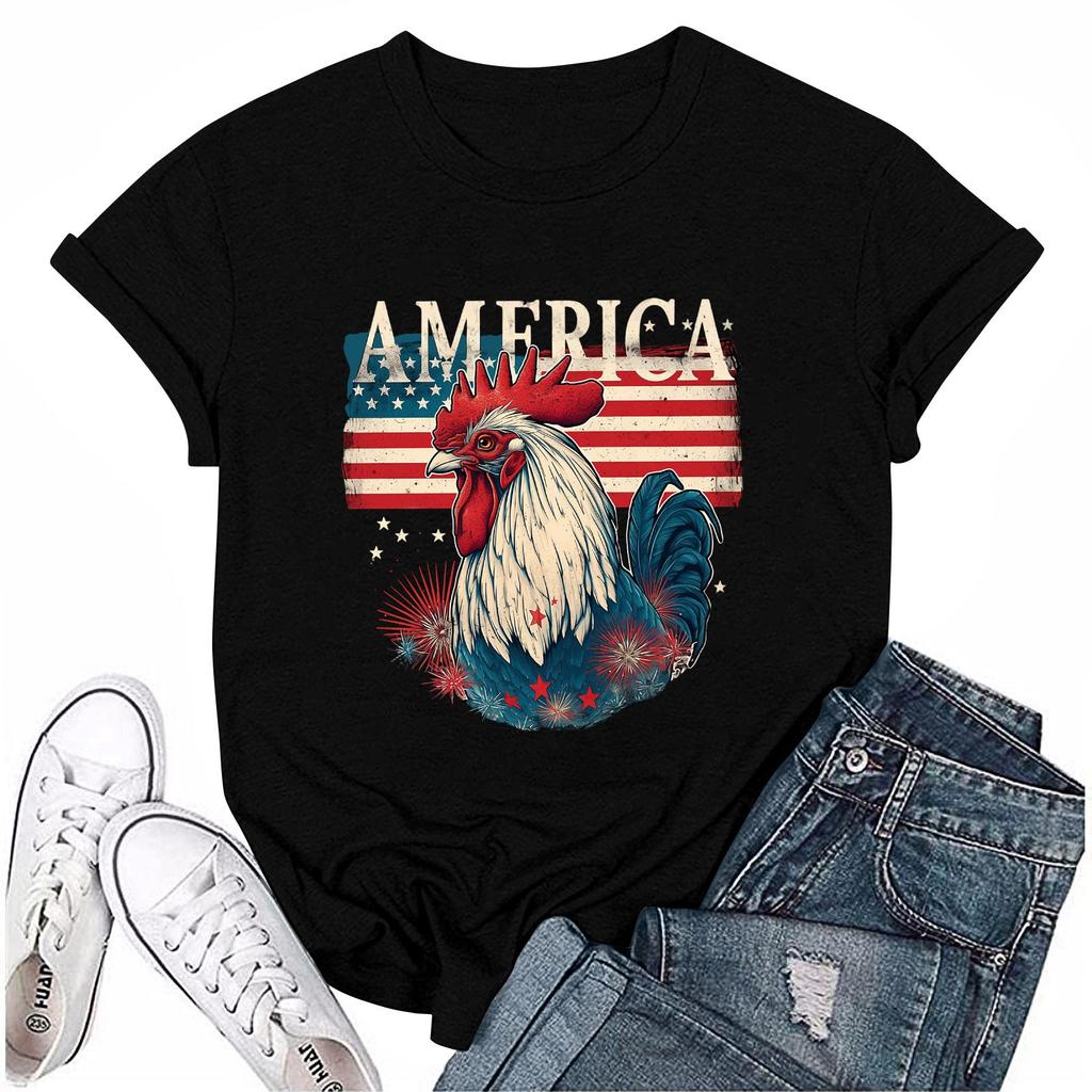 Women's Round Neck Casual Independence Day Printed Short Sleeve T-Shirt Top