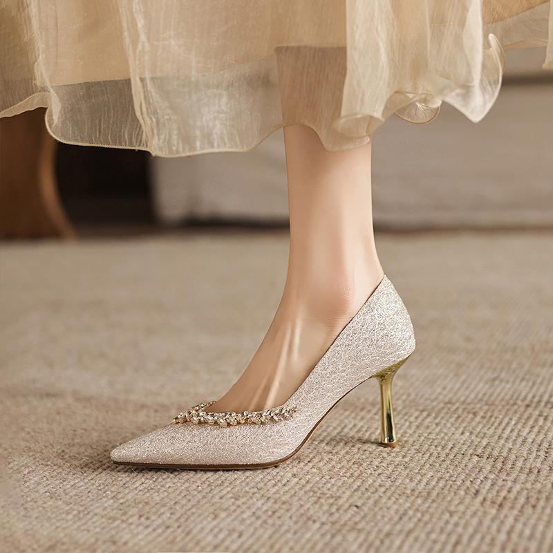 Sheepskin bottom glitter rhinestone pointed high heels, slim heels, banquet dress shoes