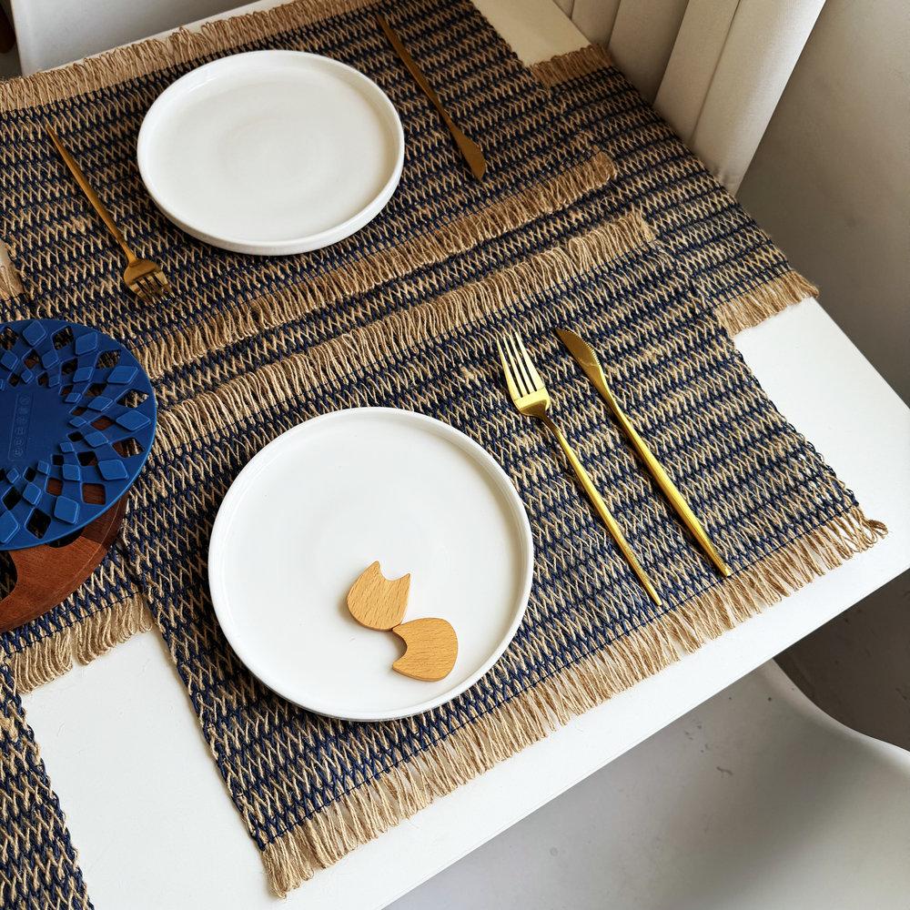 INS-style Paper Rope Woven Placemat, Color-block Holiday Decorative Mat Creative Paper and Jute Blended Heat-resistant Table Mat
