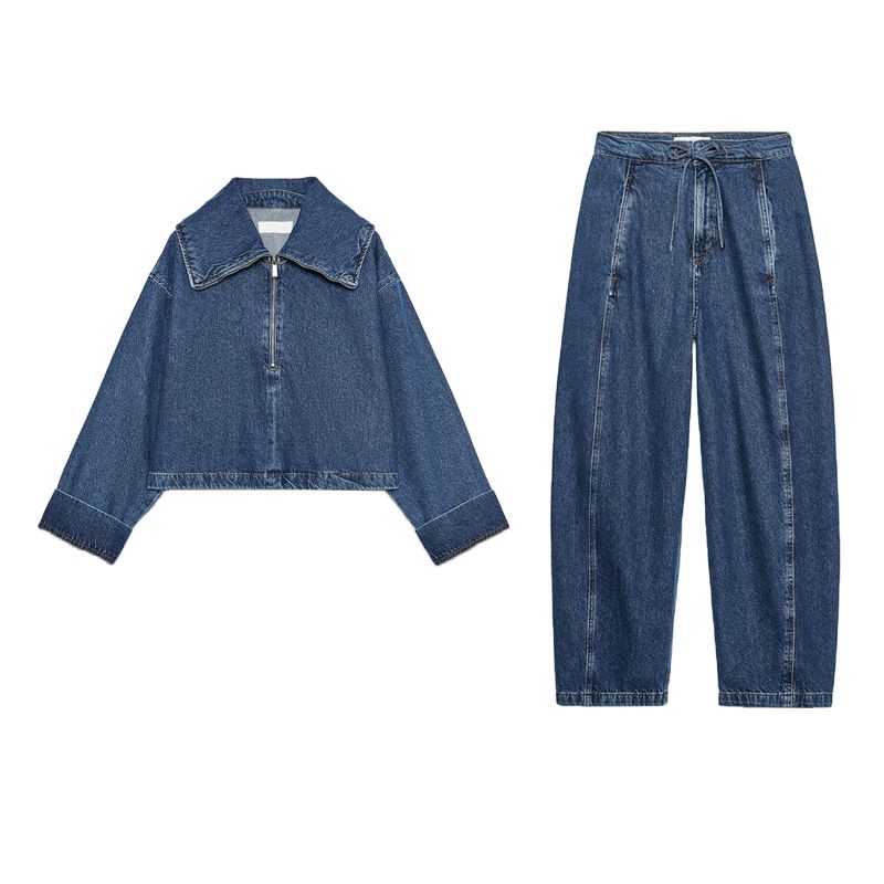 Zipper Denim Short Jacket 6147064 Cotton Tied High Waist All-Matching Jeans 6147065