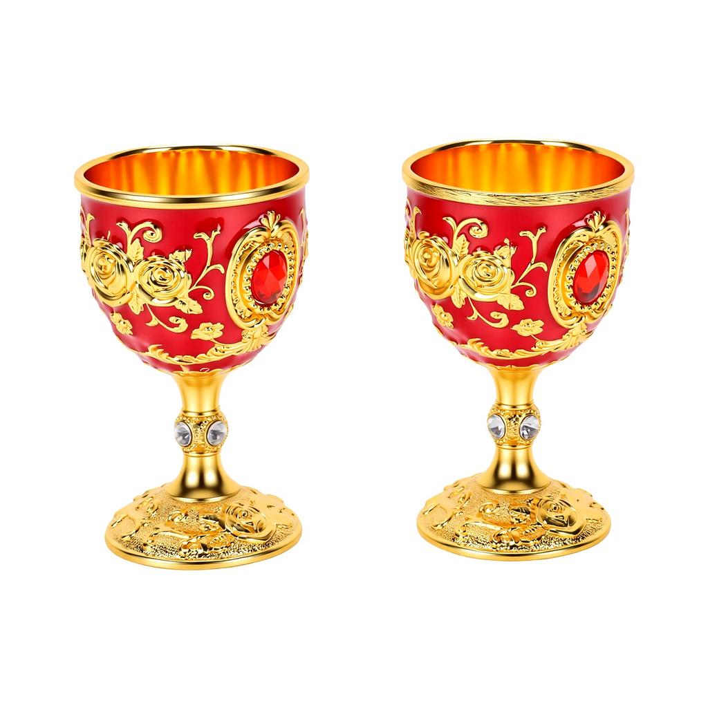 2PCS Gold Red Goblet Retro Embossed Flower Pattern Medieval Cup Party Decoration for Wedding Anniversary Red