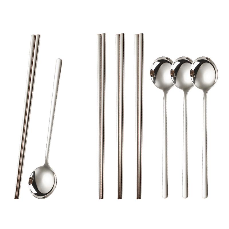 

Reusable Chopstick and Spoon Set, Korean Long Handle Stainless Steel Spoon and Chopsticks, Set of 4, For Kitchen or Restaurant серебряный