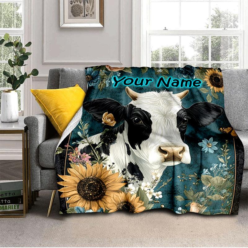 1PC Custom Name Cow Portrait Flowers Flannel Blanket Versatile,all-season Throw Suitable for the Living Room,bedroom,camping,travel,and Gift
