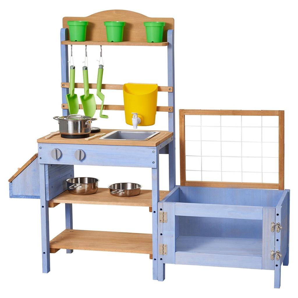 Mud Kitchen, Outdoor Mud Kitchen for Kids, Wood Outdoor Play Kitchens with Planting Box, Critter Catcher Container, Tank, Sink, Cookware Pots and