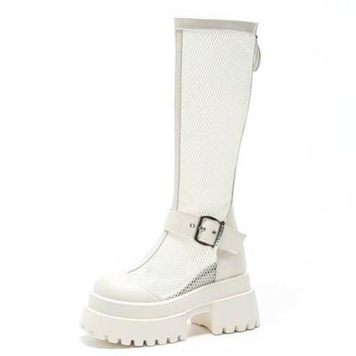 Fashion 10CM Air Mesh Patent Leather Boots Chimney Summer Motorcycle Sandals Hollow Ankle Knee High Booties Women Fashion Casual Shoes