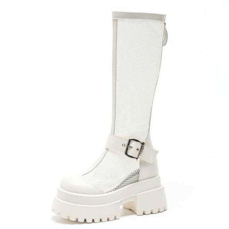 Fashion 10CM Air Mesh Patent Leather Boots Chimney Summer Motorcycle Sandals Hollow Ankle Knee High Booties Women Fashion Casual Shoes