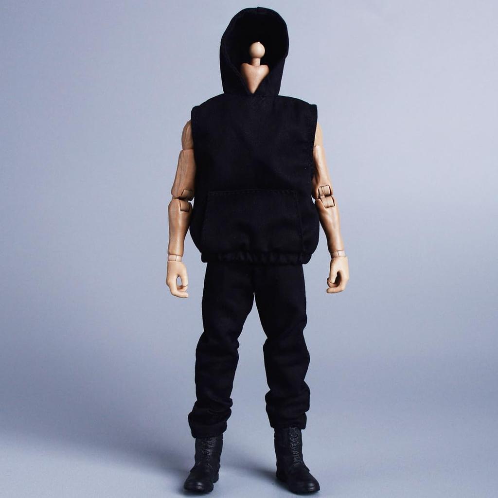 Meetoget 1/12 Scale Male Doll daily sports Sleeveless Hoodie Set Clothes for 6 inch Action Figure PM008US,black