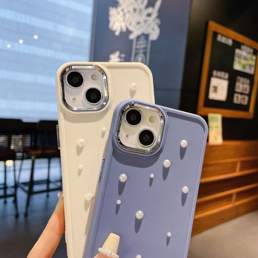 Suitable for Apple 14PROMAX Metal Photo Frame Pearl Solid Color Fashion Phone Case IPhone16 15 Mobile Phone