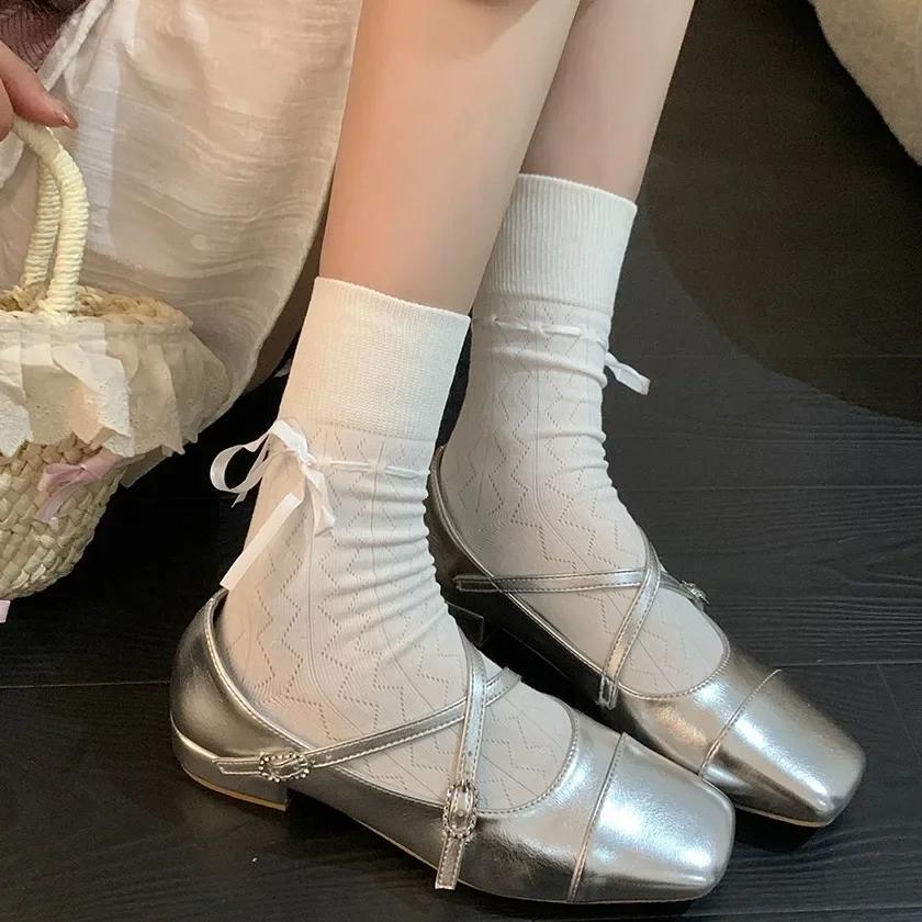 Fashion Medium Heeled Mary Jane Single Shoes New Women Shoes Retro Thick Heeled Ballet Shoes Cross Buckle Shallow Soft Sole Shoe 2025