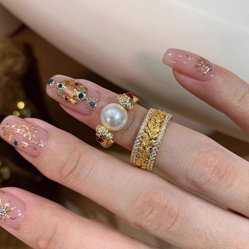 Medieval Diamond-Studded Pearl Earrings and Peace Love Crown Stacking Ring with Advanced Brushed Design