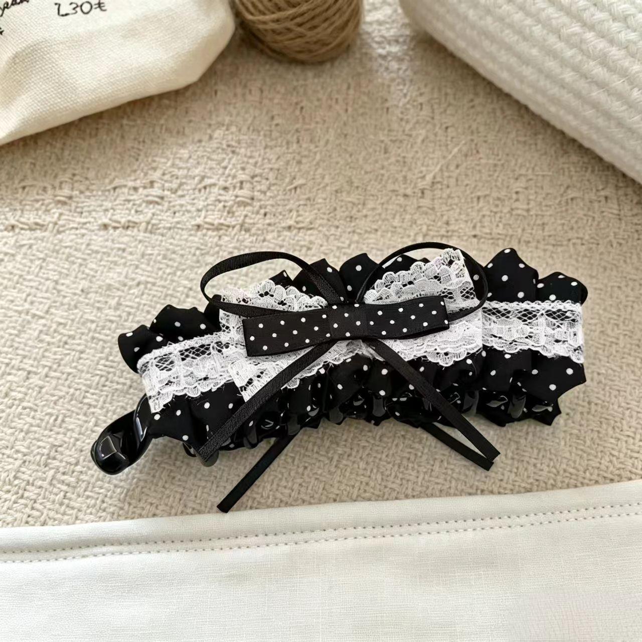Korean-Style Polka Dot Banana Claw Clip - Black with White Dots, 13cm, Bow Accent Hair Accessory