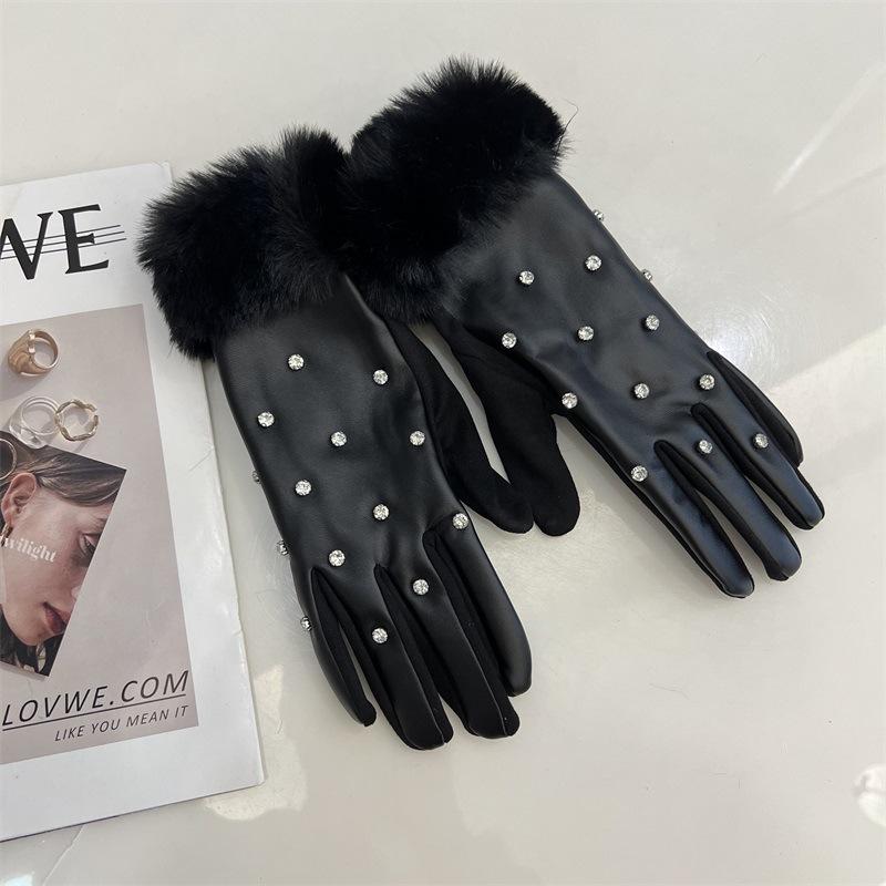 Diamond-encrusted PU leather finger gloves women's autumn and winter warm touch screen plush cuffs cycling five-finger gloves tide