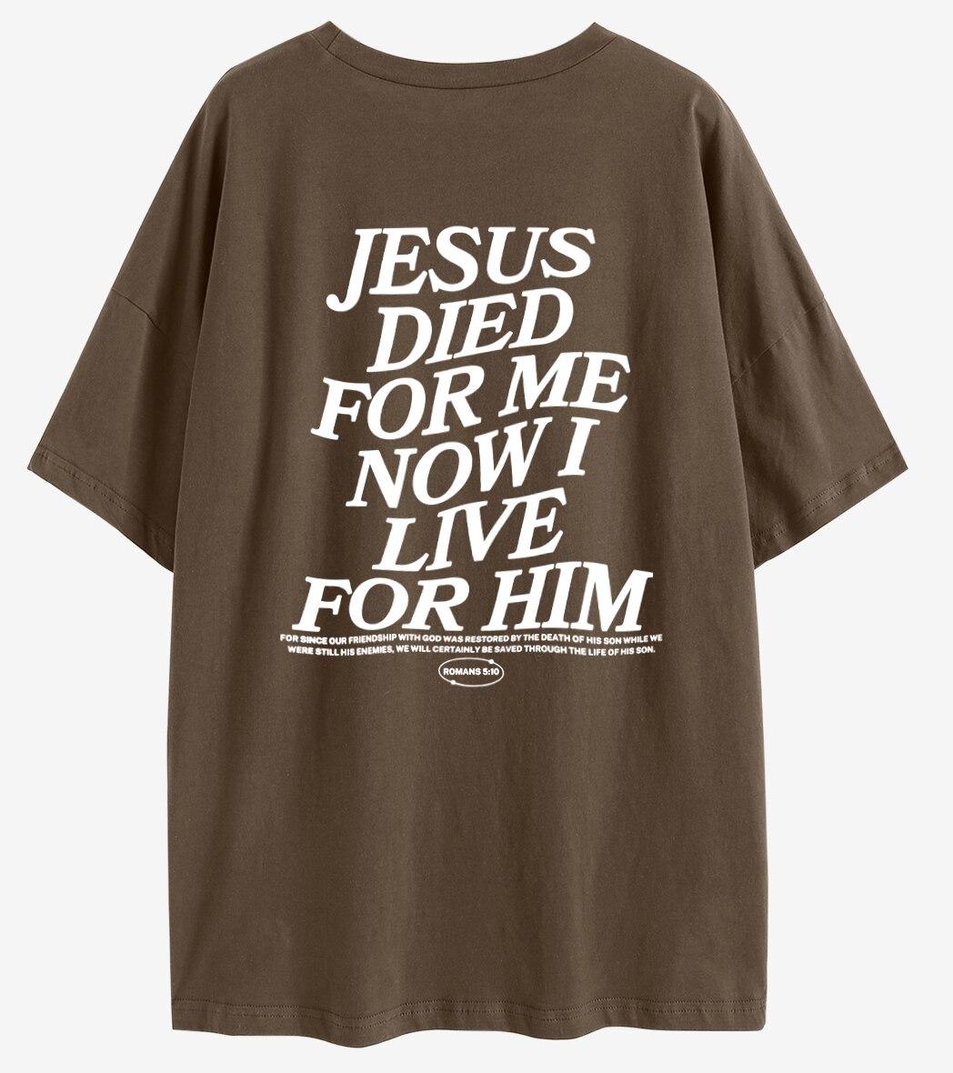 

Jesus Died For Me Now I Live for Him Велика футболка з принтом на спині Christian Loose Tee Women Trendy Casual Cotton Aesthetic Top XL армія зелений колір