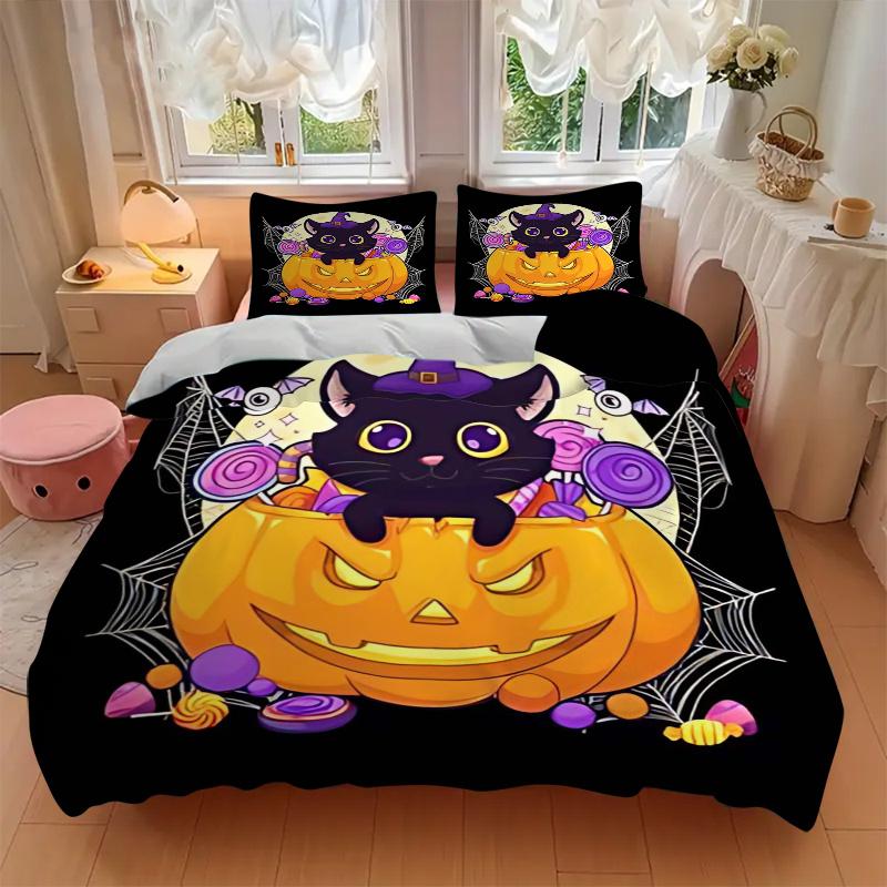 3pcs Cartoon Cat & Pumpkin Trick or Treat Print Bedding Set (1 Cover + 2 Pillowcases, Without Inserts), This Printed Bedding Set is Soft and