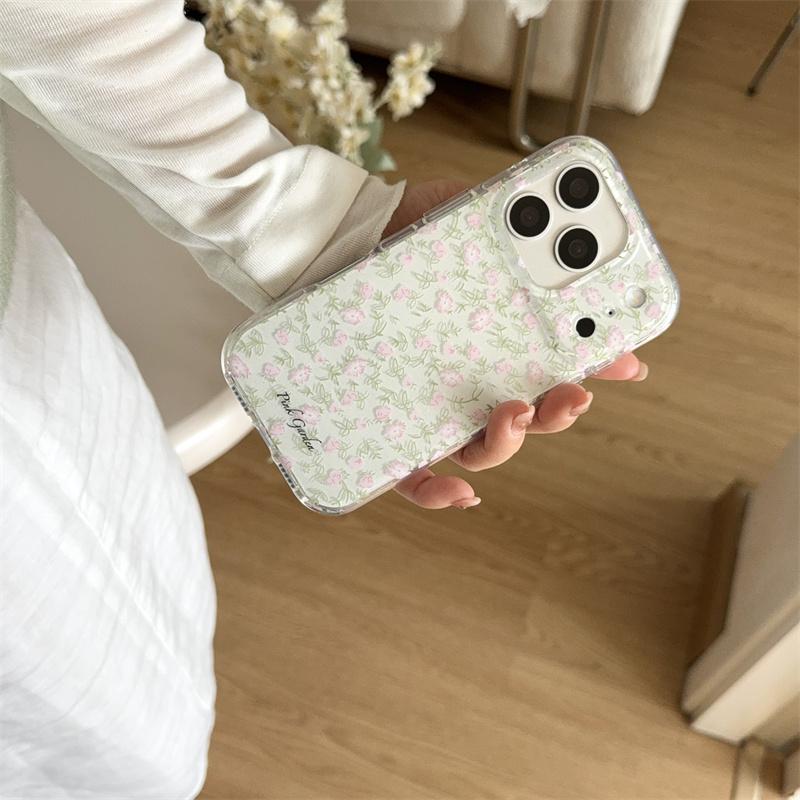 Kawaii Pastel Pink Floral Green Leaf Clear Phone Case For iPhone 14 15 16 17 Pro Max INS Fresh Style Large Window Shockproof Cov