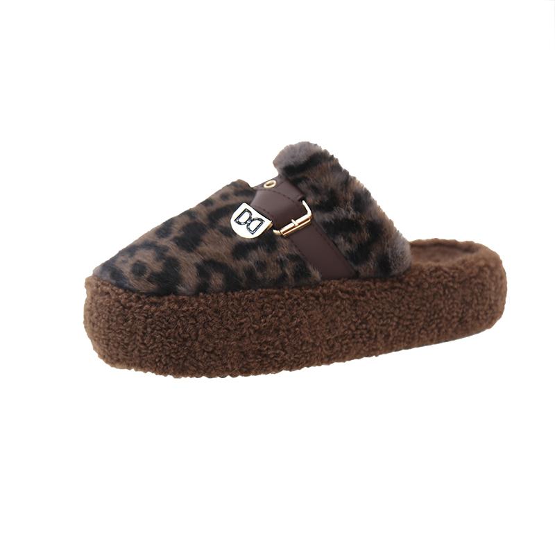 Fashion Winter New Baotou Slippers for Women Round Head Plush Deep Mouth Belt Buckle Anti-slip Wear-resistant Thick Sole Cotton Drag