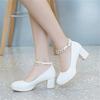 Girls Leather Shoes Ladies High Heel Shoes Sweet Pearl Ankle Strap Princess Mary Janes Party Wedding Shoes Women Pump 30-43