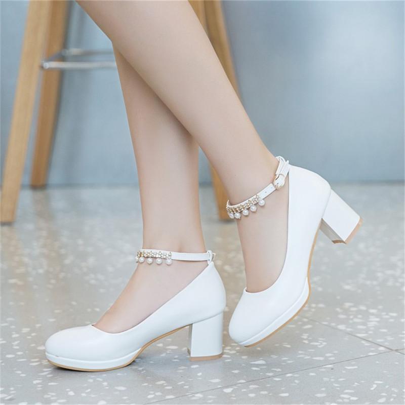 Girls Leather Shoes Ladies High Heel Shoes Sweet Pearl Ankle Strap Princess Mary Janes Party Wedding Shoes Women Pump 30-43