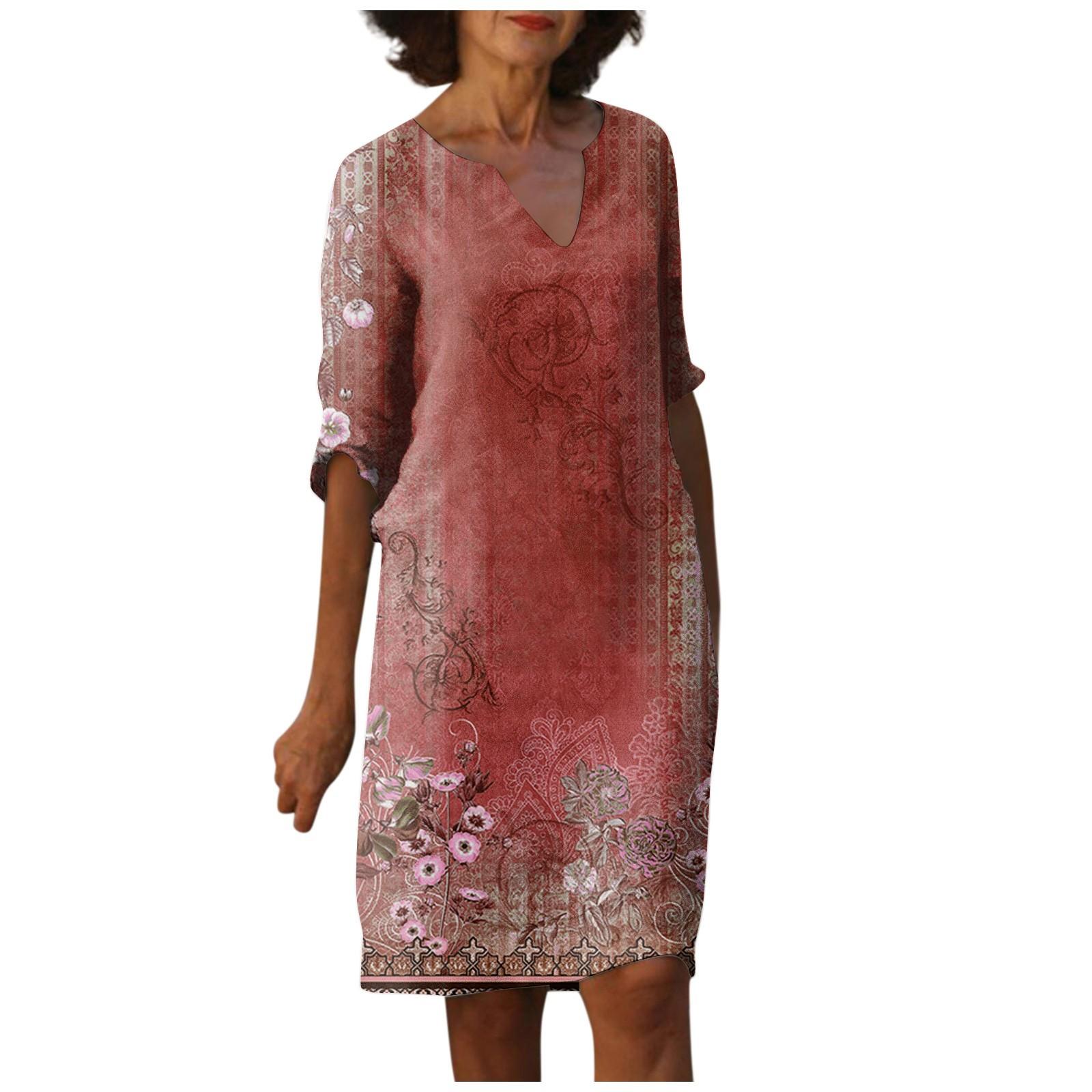

Жіночі літні вінтажні сукні з квітковим принтом з V-подібним вирізом і половиною рукава XL винний
