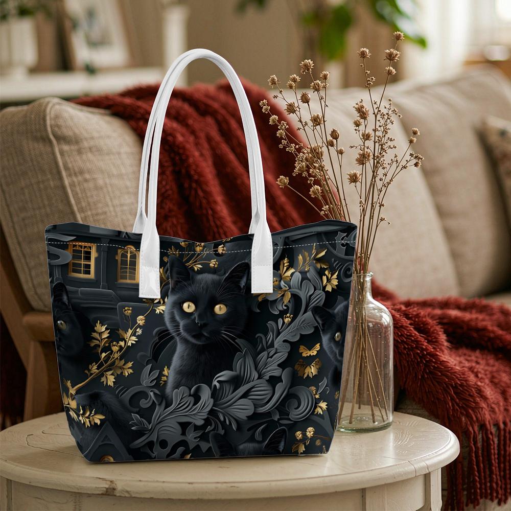 Gothic Black Cat Pattern Tote Bag Fashion Casual Daily Top Handle Handbag for Women Lightweight Reusable Outdoor Shopping Carry Bag