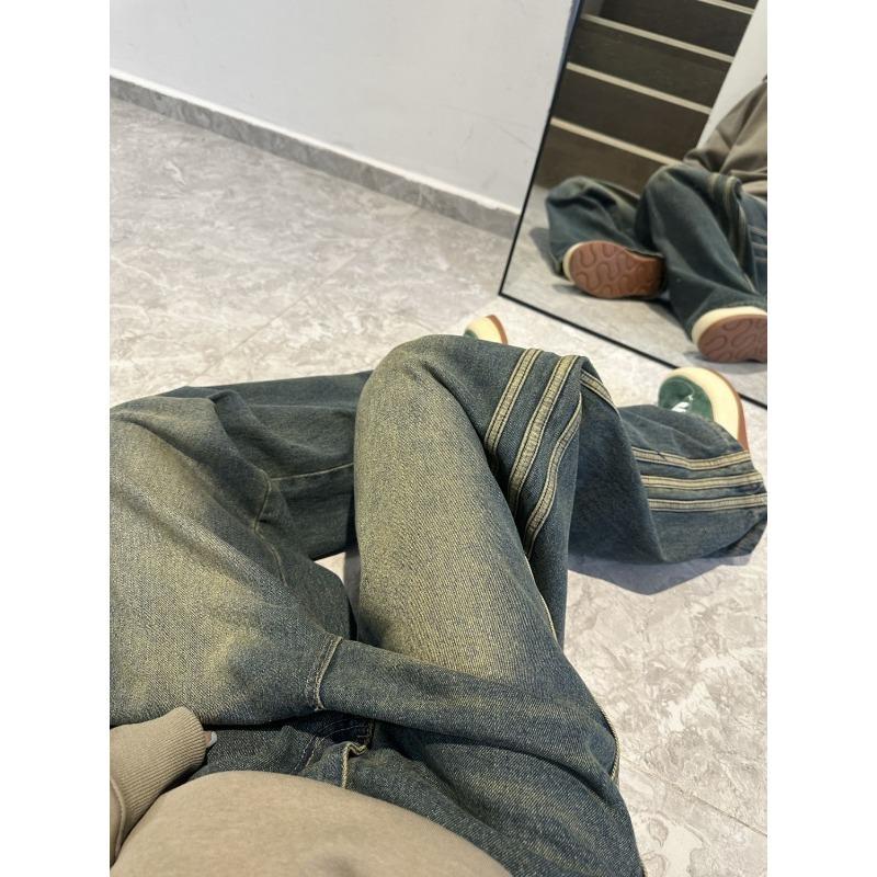 Retro American High Street Ins Side Striped Jeans for Women 2024 Spring New High-waisted Loose Slim Wide-leg Pants