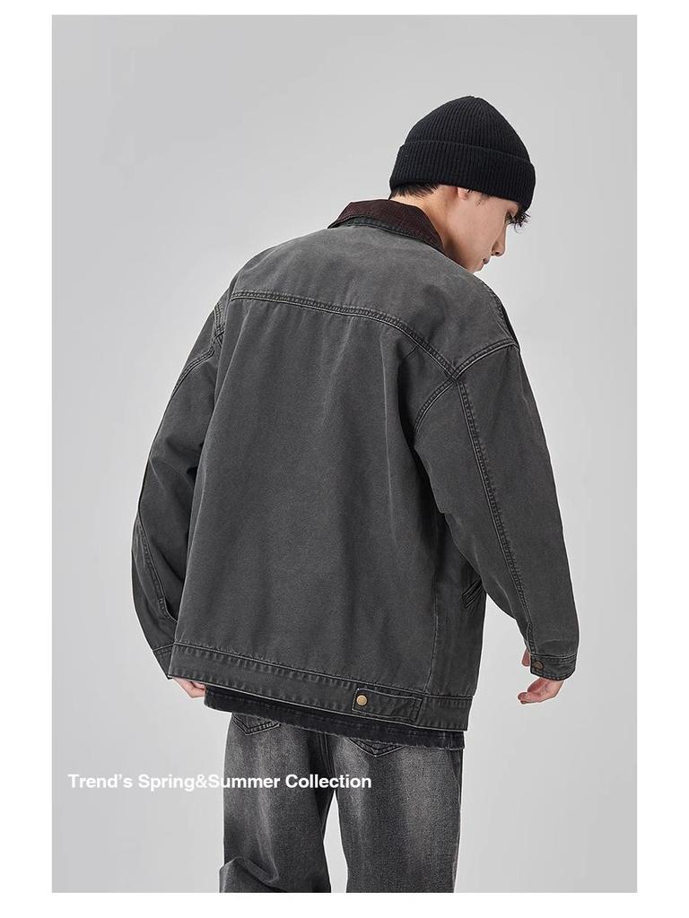 GURBAKS Vintage Distressed Washed Jacket for Men - Heavyweight Colorblock Lapel Workwear.