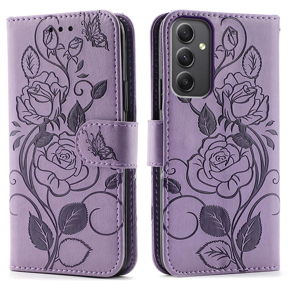 

For Samsung Galaxy A35 5G Case Wallet Stand Imprinted Rose Butterfly PU Leather Phone Cover Purple
