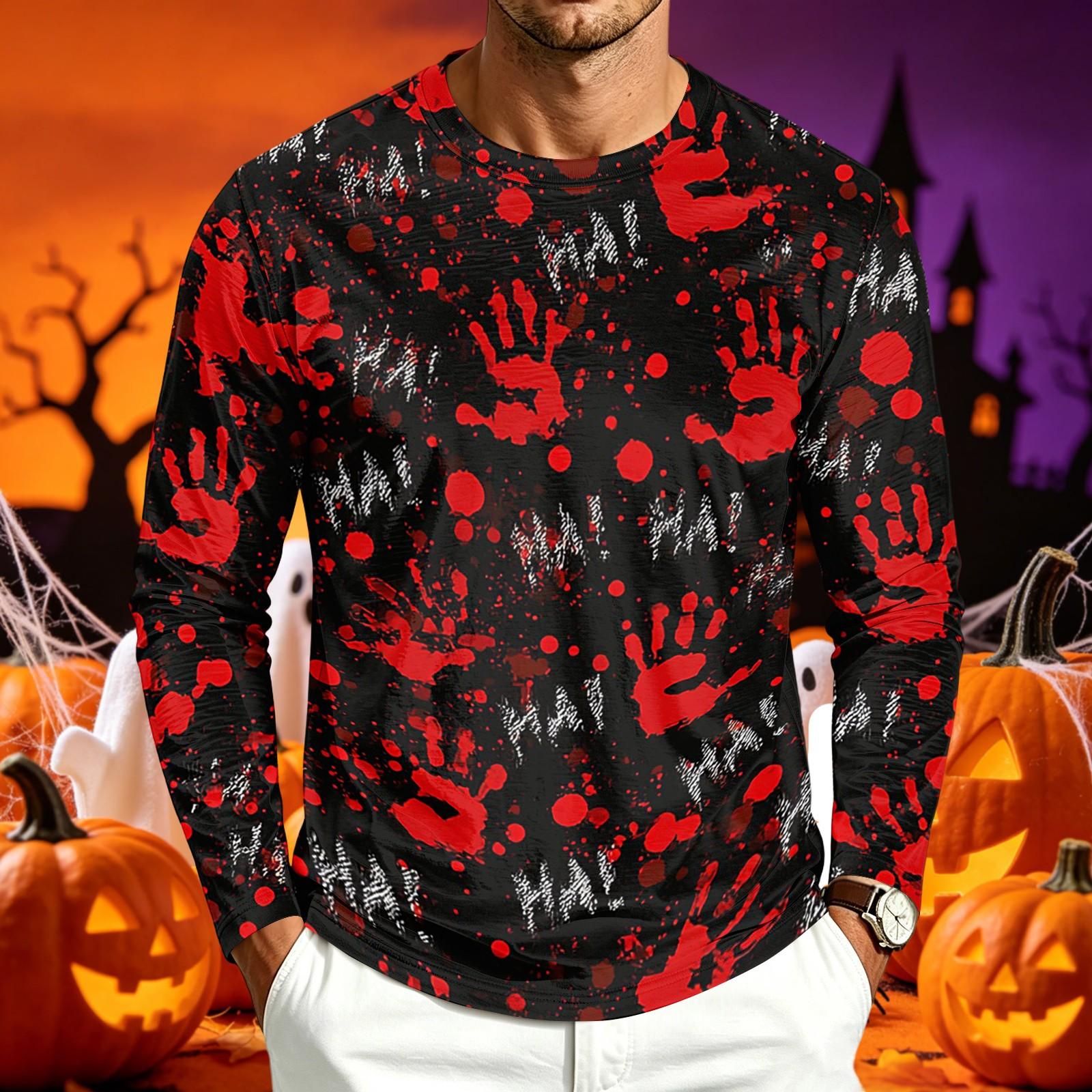 Men s Casual Long Sleeve Round Neck T-Shirt with Halloween Print for Holiday Parties L