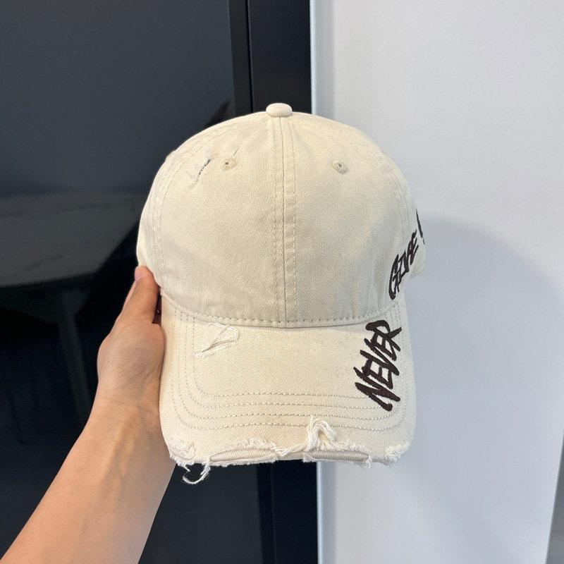 Letter embroidery washed denim baseball cap women's American retro ripped old cap soft top big head circumference hat
