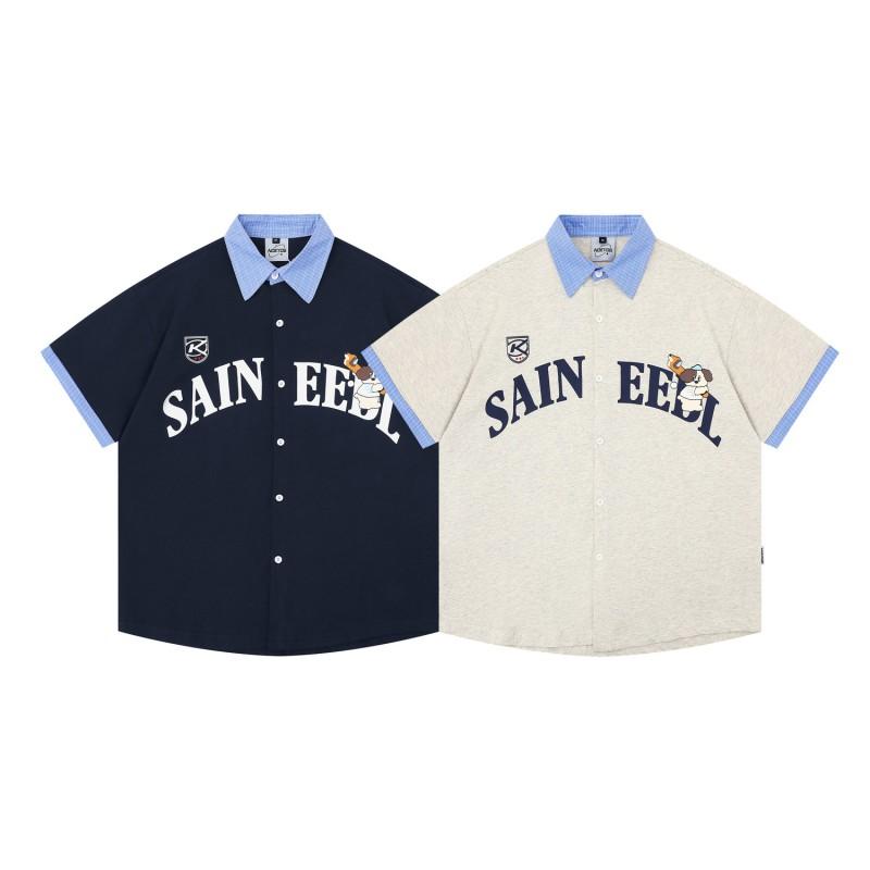American Vintage Baseball Dog Print Polo Shirts Loose Fit Short Sleeve Tops Men Women Couple
