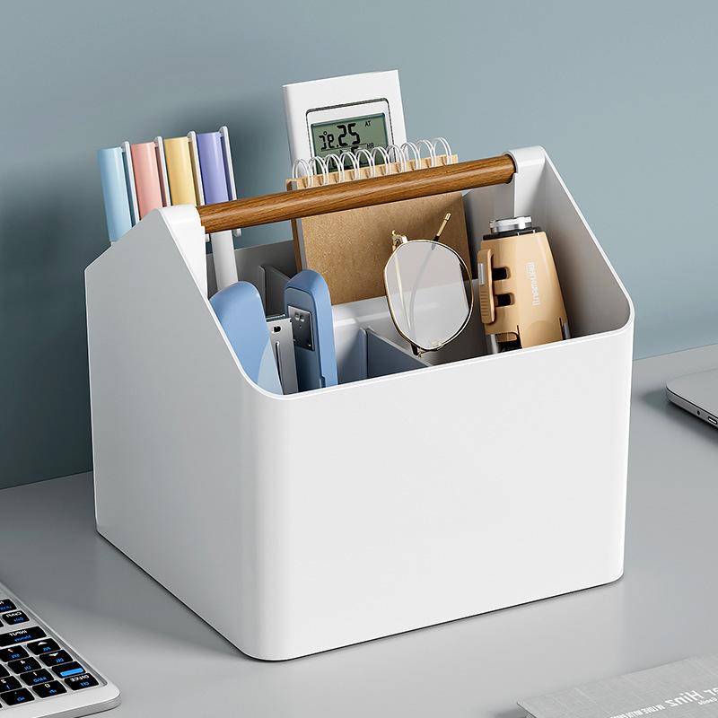 Desktop Storage Box with Wooden Handle Compartmentalized Organizer Portable Desk Caddy for Stationery Cosmetics Office Supplies