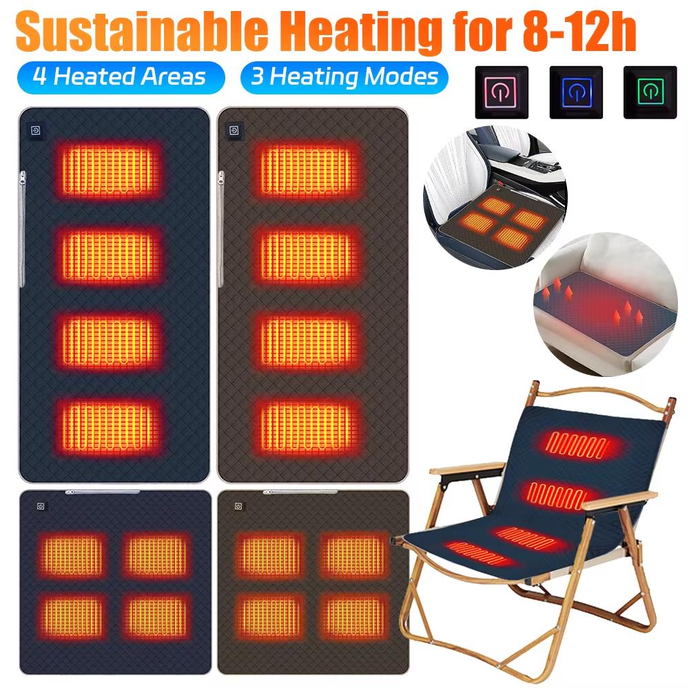 4 Zones Heated Seat Cushion Mat USB Electric Heating Pad Outdoor Camping Chair Heated Cushion 3 Gears Temperature Foot Warmer