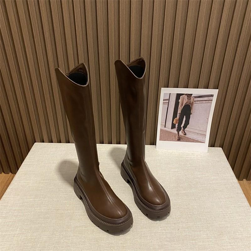 Women's autumn and winter new long boots, thick-soled long boots, high boots, women's middle heel but knee leather boots, velvet
